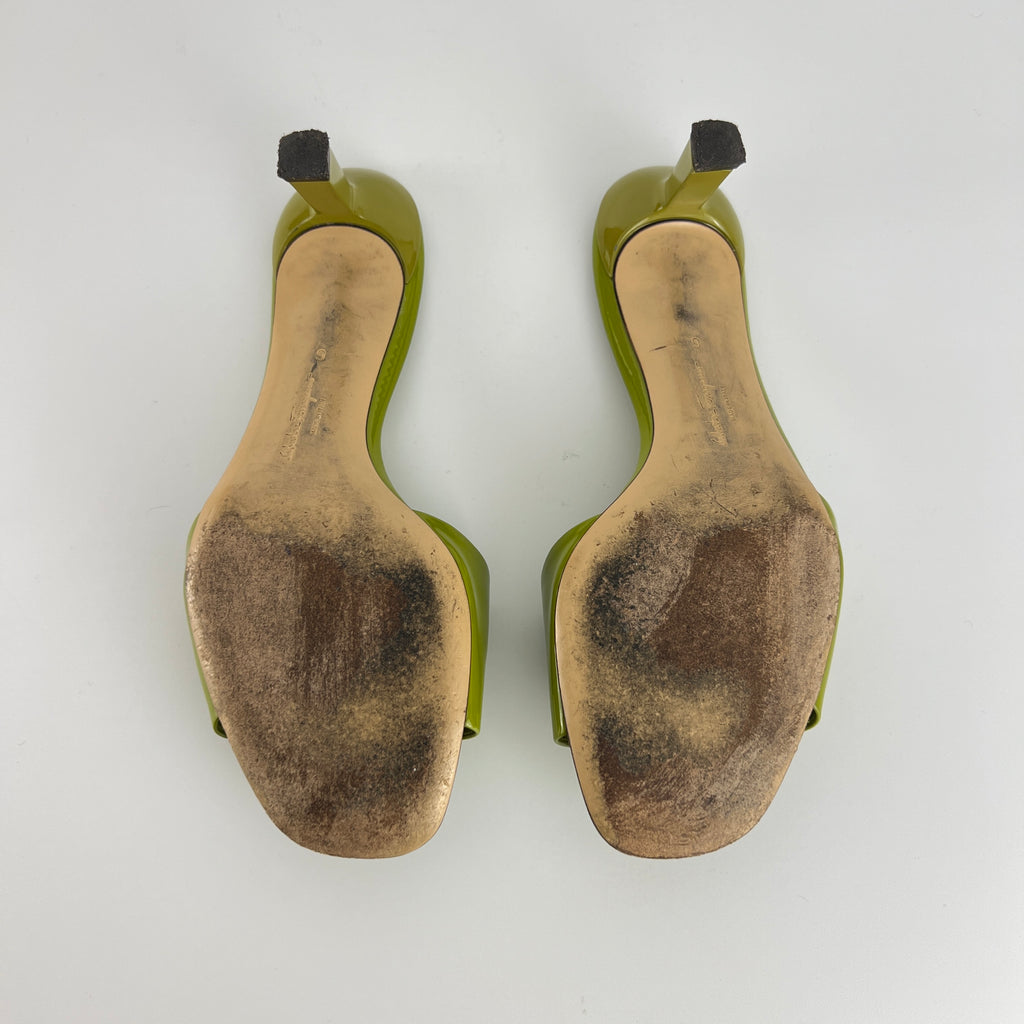 Ferragamo | Glo 55 Vara Bow Olive Green Patent Leather Slide Mules (6, 36)