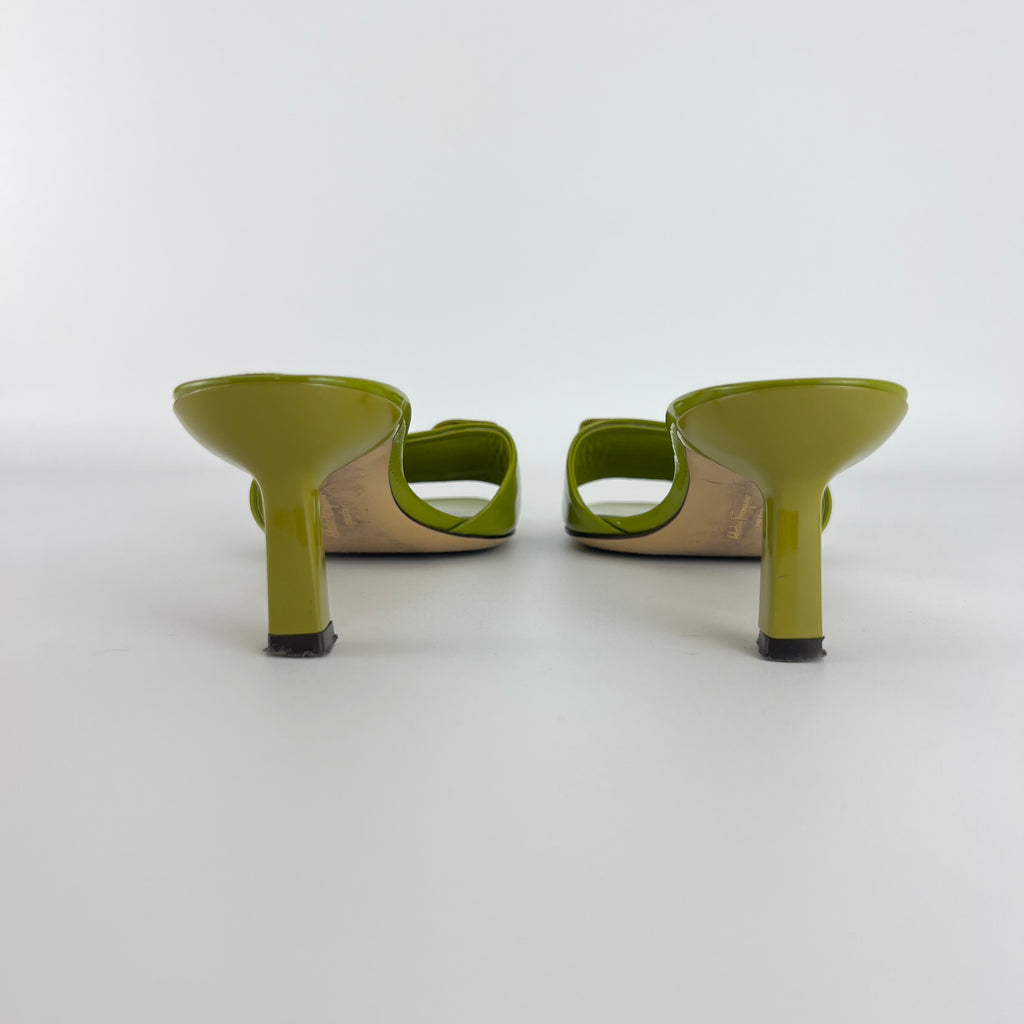 Ferragamo | Glo 55 Vara Bow Olive Green Patent Leather Slide Mules (6, 36)