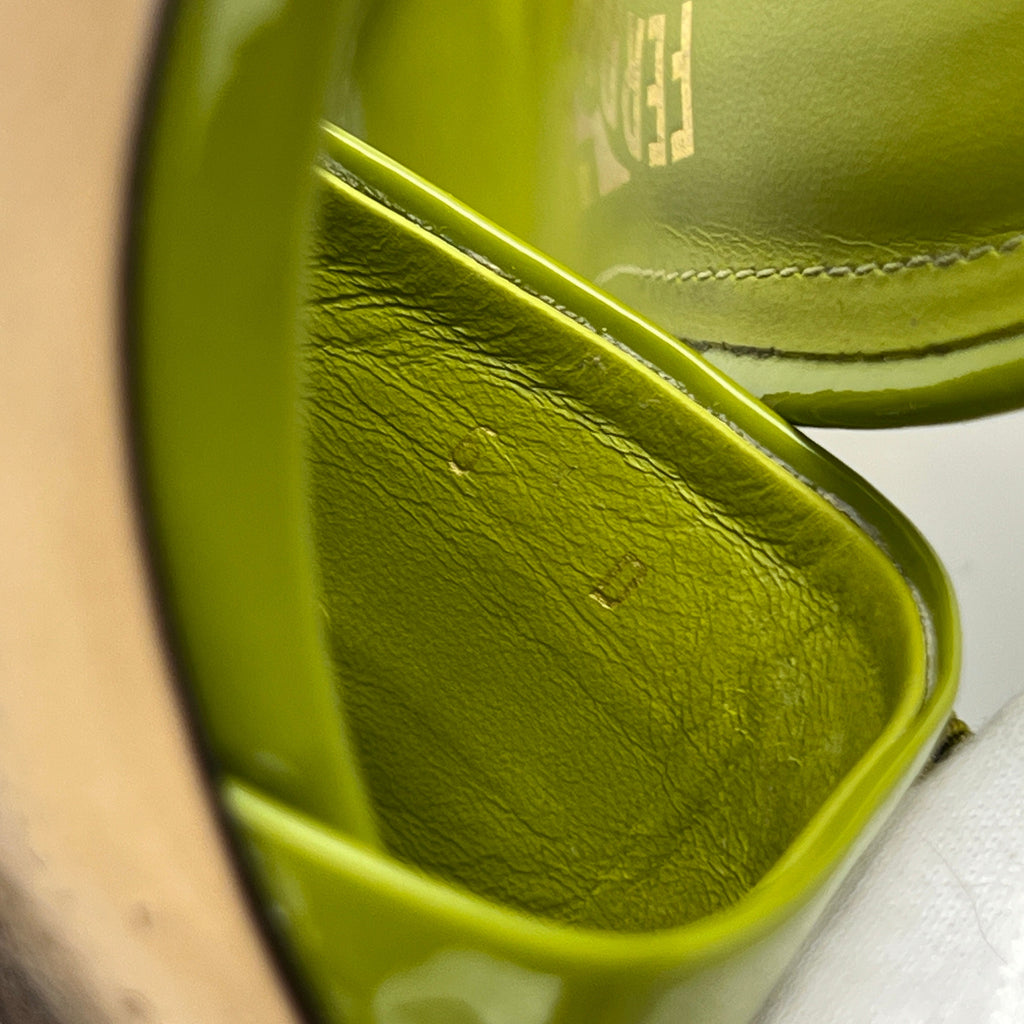 Ferragamo | Glo 55 Vara Bow Olive Green Patent Leather Slide Mules (6, 36)