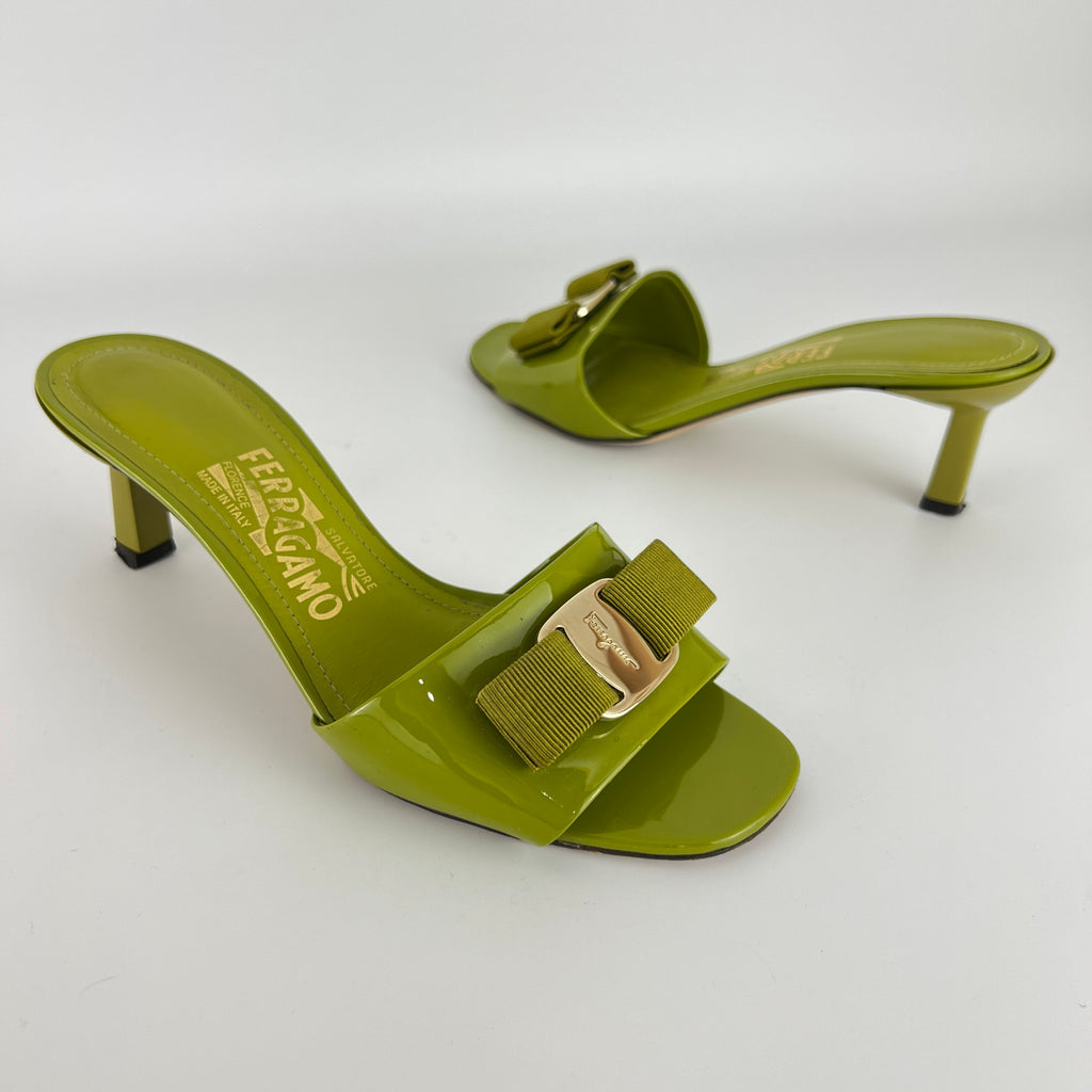 Ferragamo | Glo 55 Vara Bow Olive Green Patent Leather Slide Mules (6, 36)
