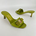 Ferragamo | Glo 55 Vara Bow Olive Green Patent Leather Slide Mules (6, 36)