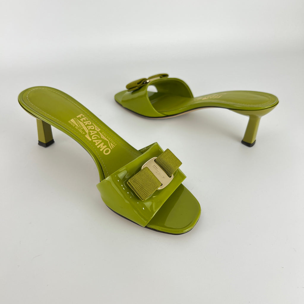 Ferragamo | Glo 55 Vara Bow Olive Green Patent Leather Slide Mules (6, 36)