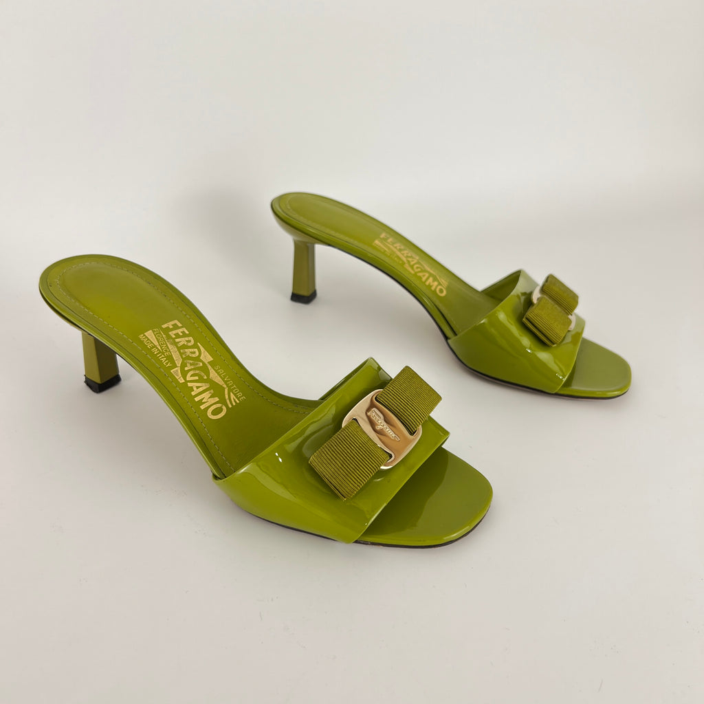 Ferragamo | Glo 55 Vara Bow Olive Green Patent Leather Slide Mules (6, 36)
