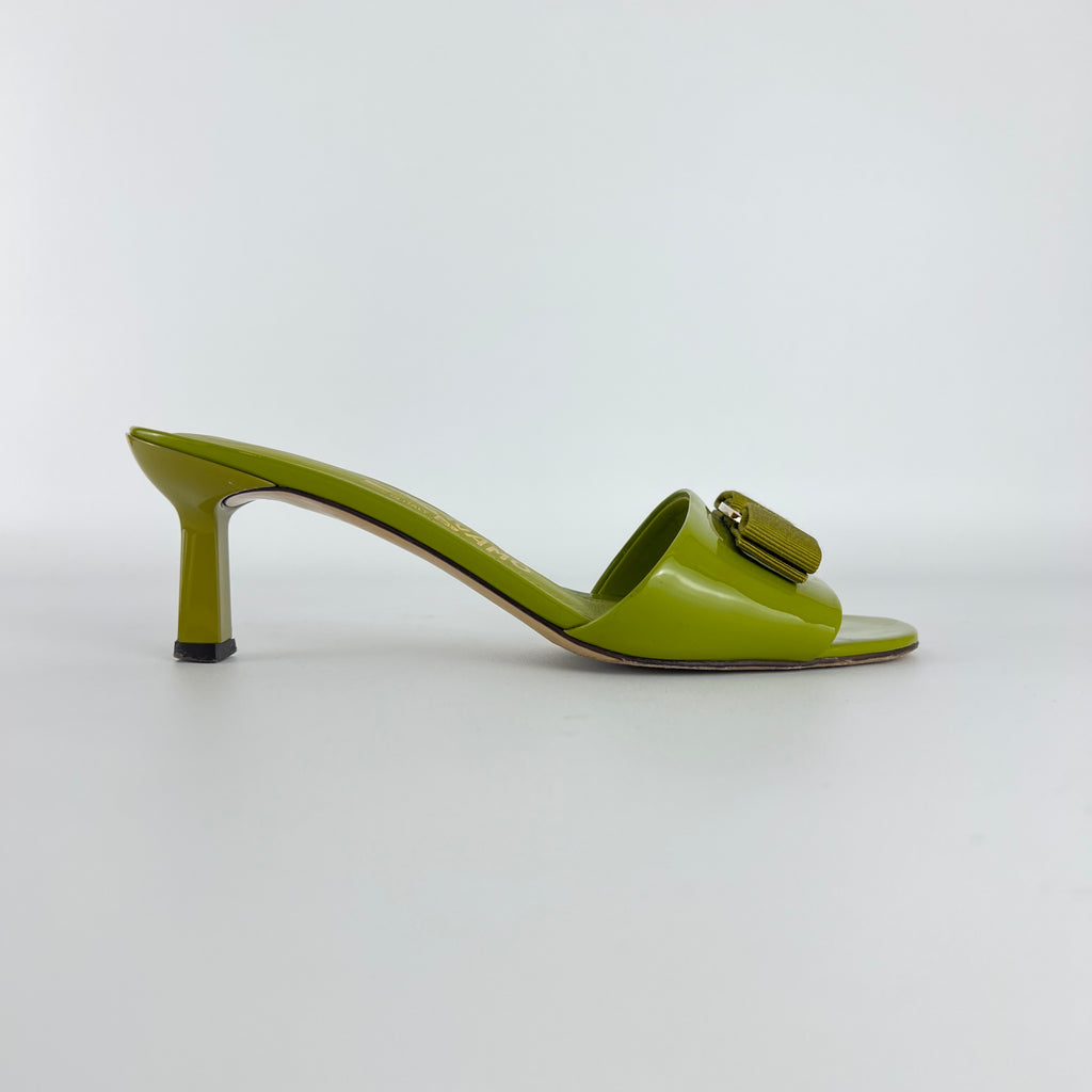 Ferragamo | Glo 55 Vara Bow Olive Green Patent Leather Slide Mules (6, 36)
