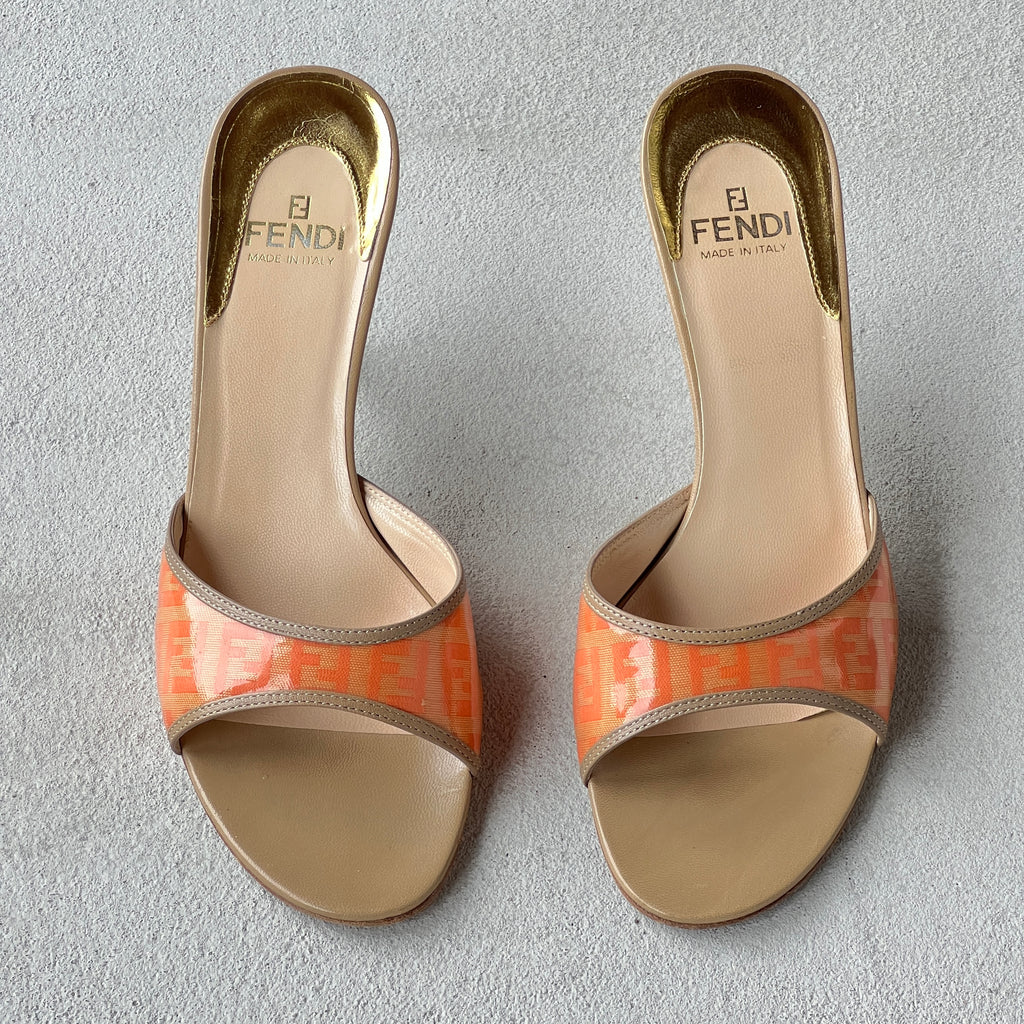 Fendi | Vintage Orange FF Zucca Tan Leather Slide Mules Rare (36.5)