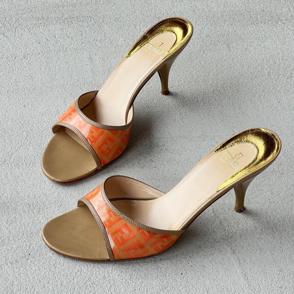 Fendi | Vintage Orange FF Zucca Tan Leather Slide Mules Rare (36.5)