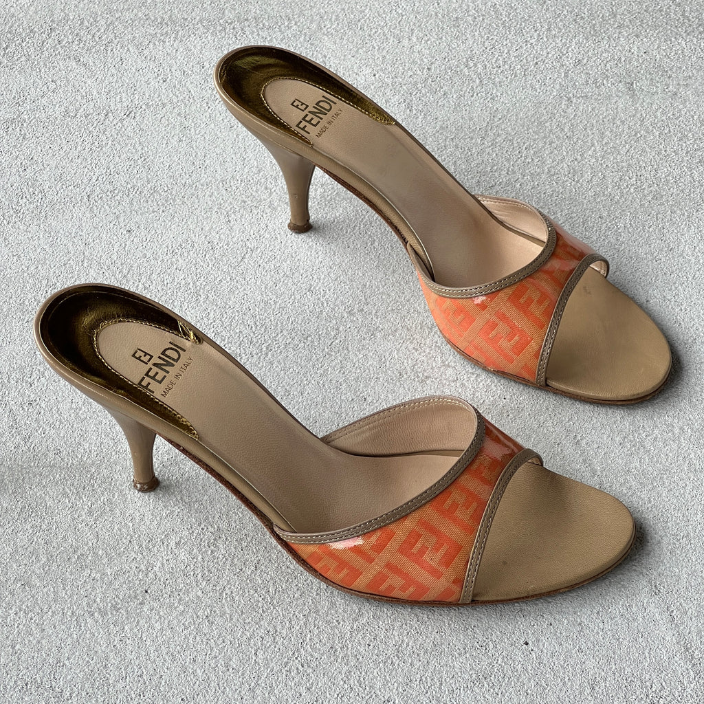 Fendi | Vintage Orange FF Zucca Tan Leather Slide Mules Rare (36.5)