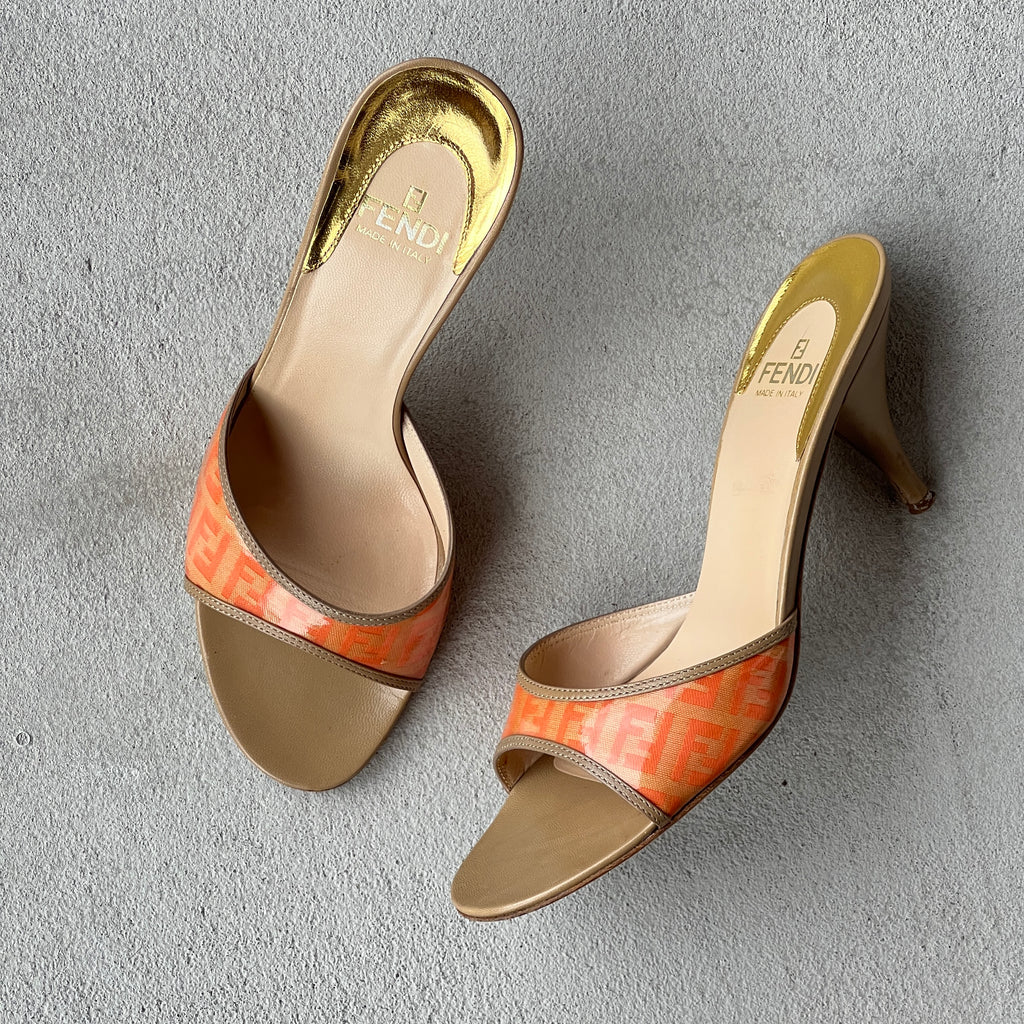 Fendi | Vintage Orange FF Zucca Tan Leather Slide Mules Rare (36.5)