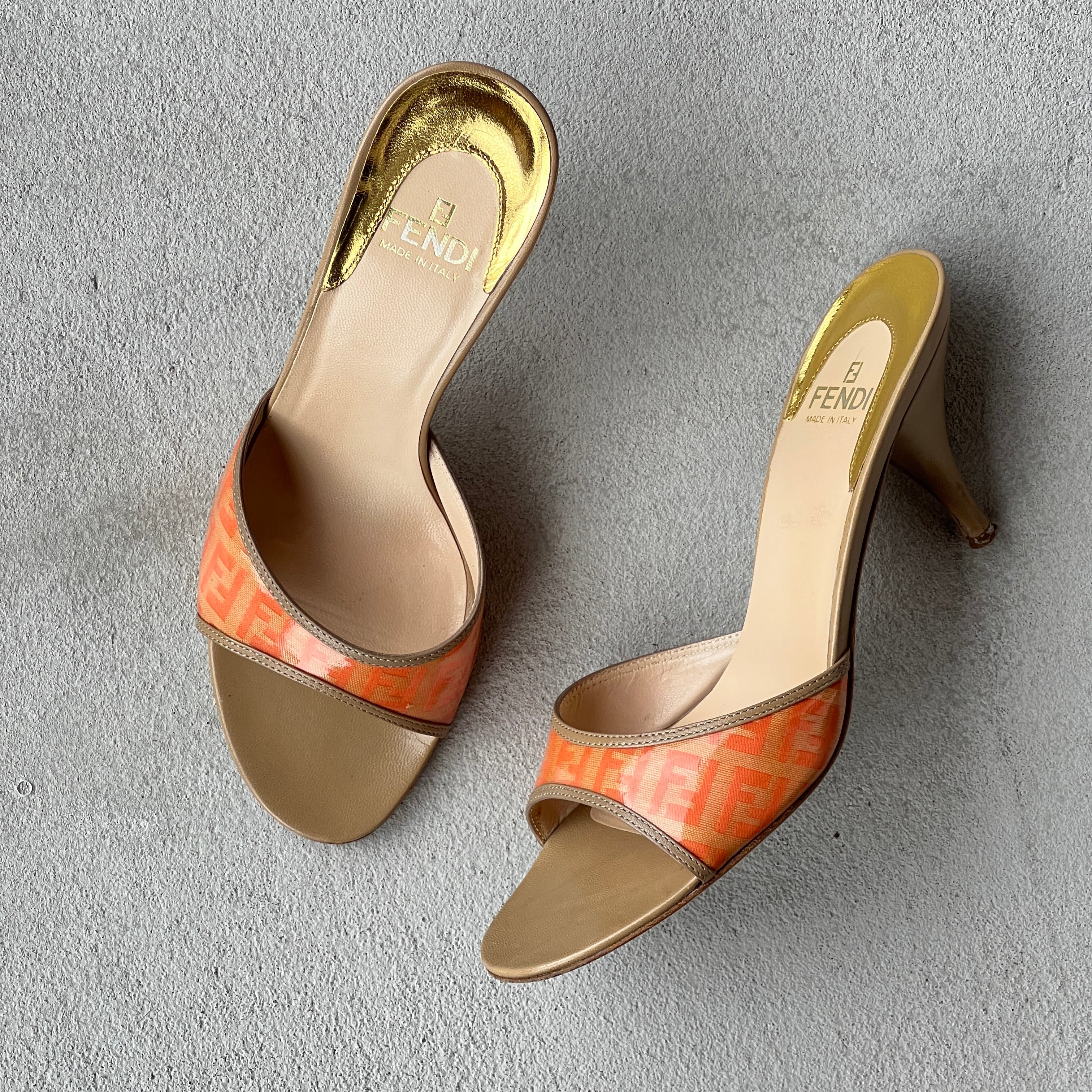 Fendi | Vintage Orange FF Zucca Tan Leather Slide Mules Rare (36.5)