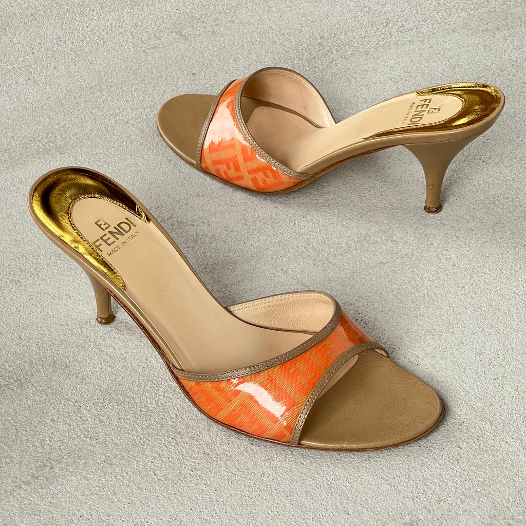 Fendi | Vintage Orange FF Zucca Tan Leather Slide Mules Rare (36.5)