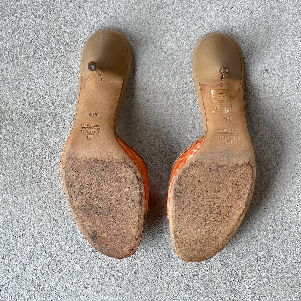 Fendi | Vintage Orange FF Zucca Tan Leather Slide Mules Rare (36.5)
