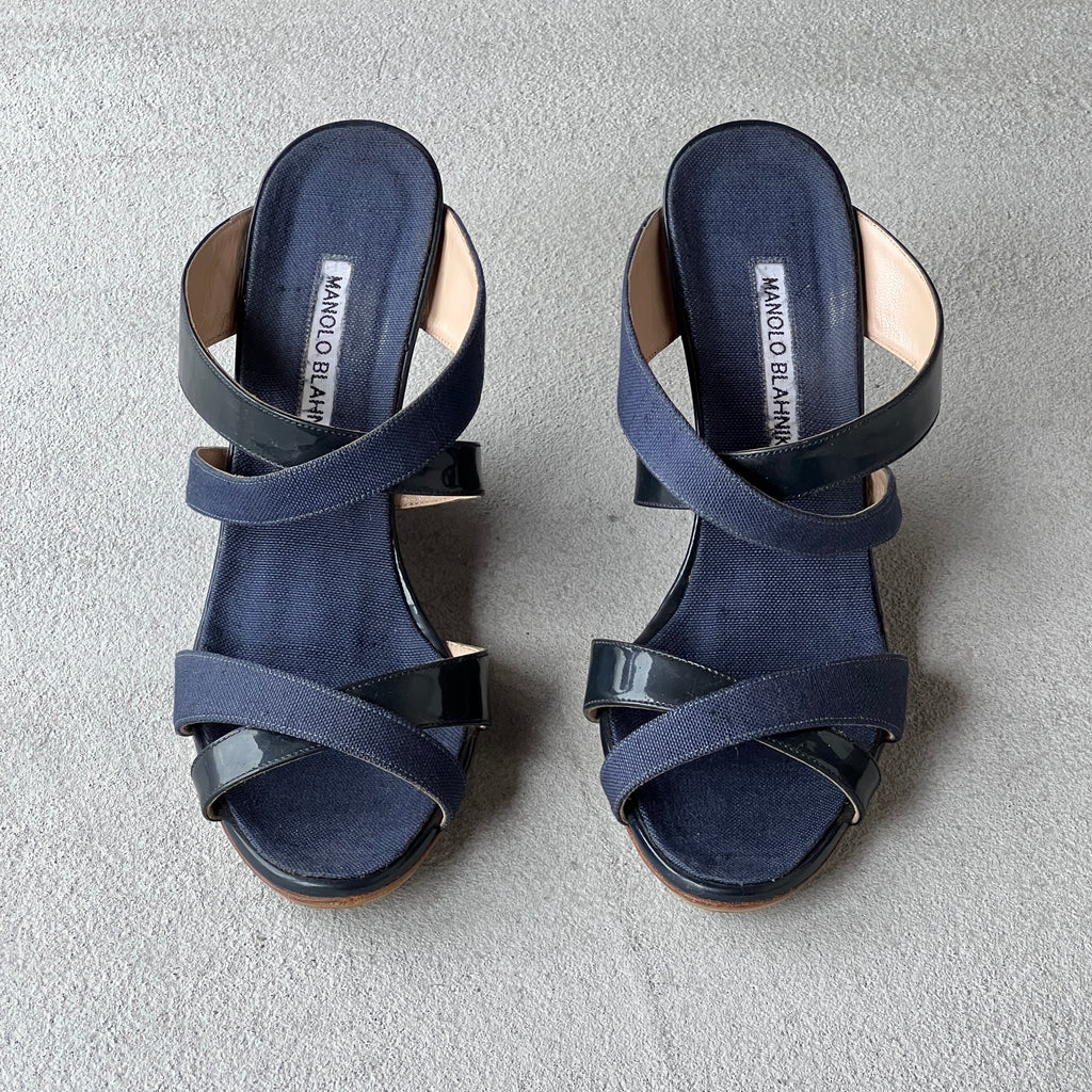 Manolo Blahnik | Varchi Blue Denim Crisscross Wedge Slide Mules (38.5)