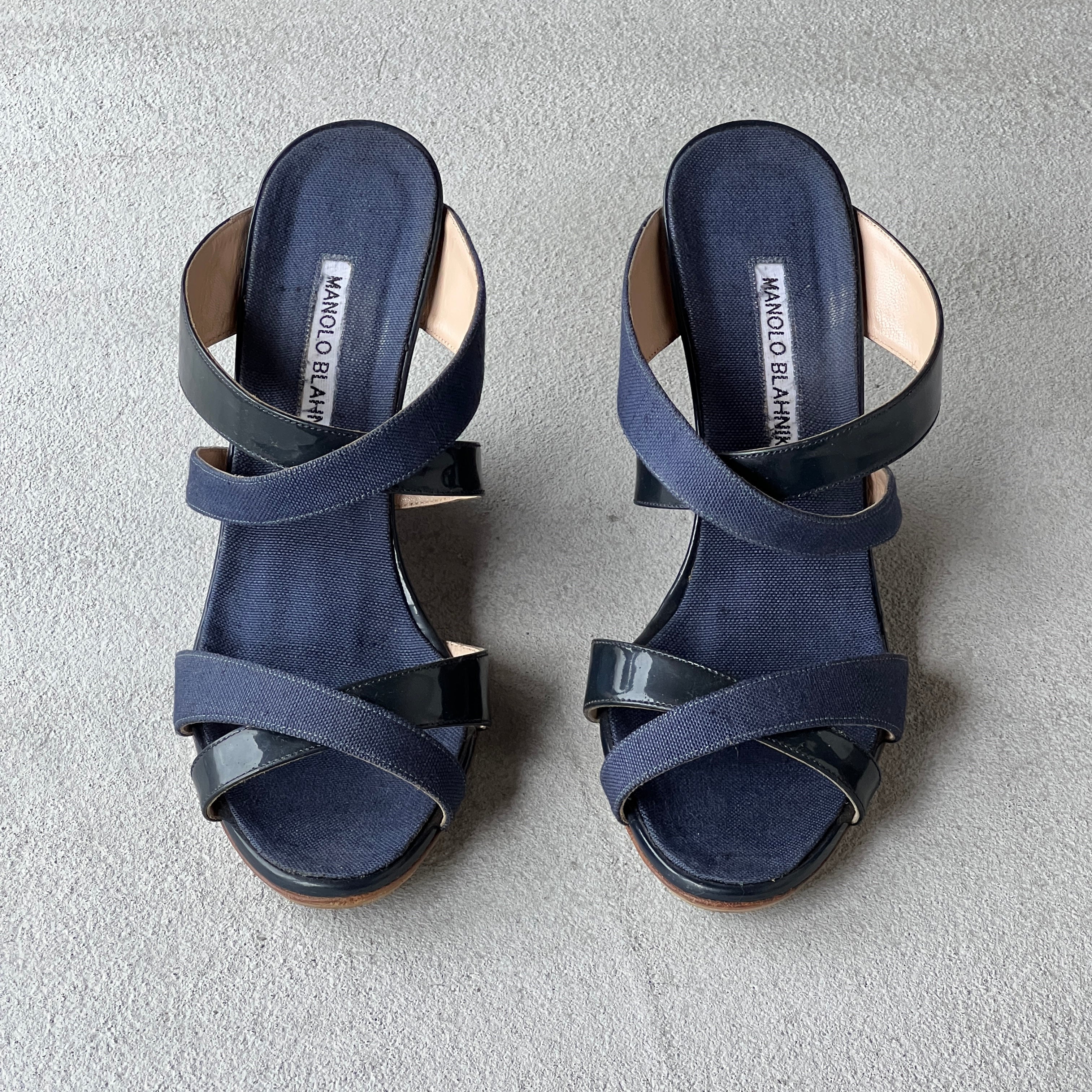 Manolo Blahnik | Varchi Blue Denim Crisscross Wedge Slide Mules (38.5)