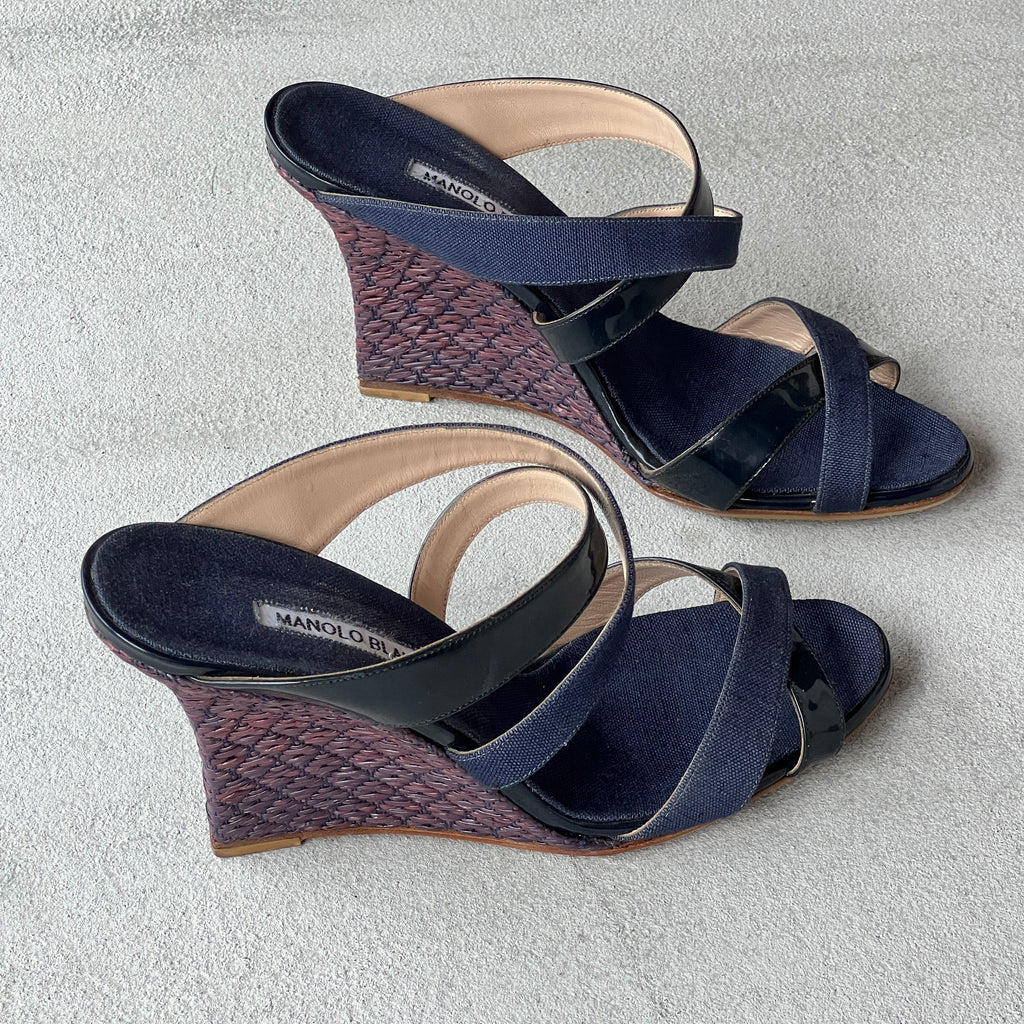 Manolo Blahnik | Varchi Blue Denim Crisscross Wedge Slide Mules (38.5)