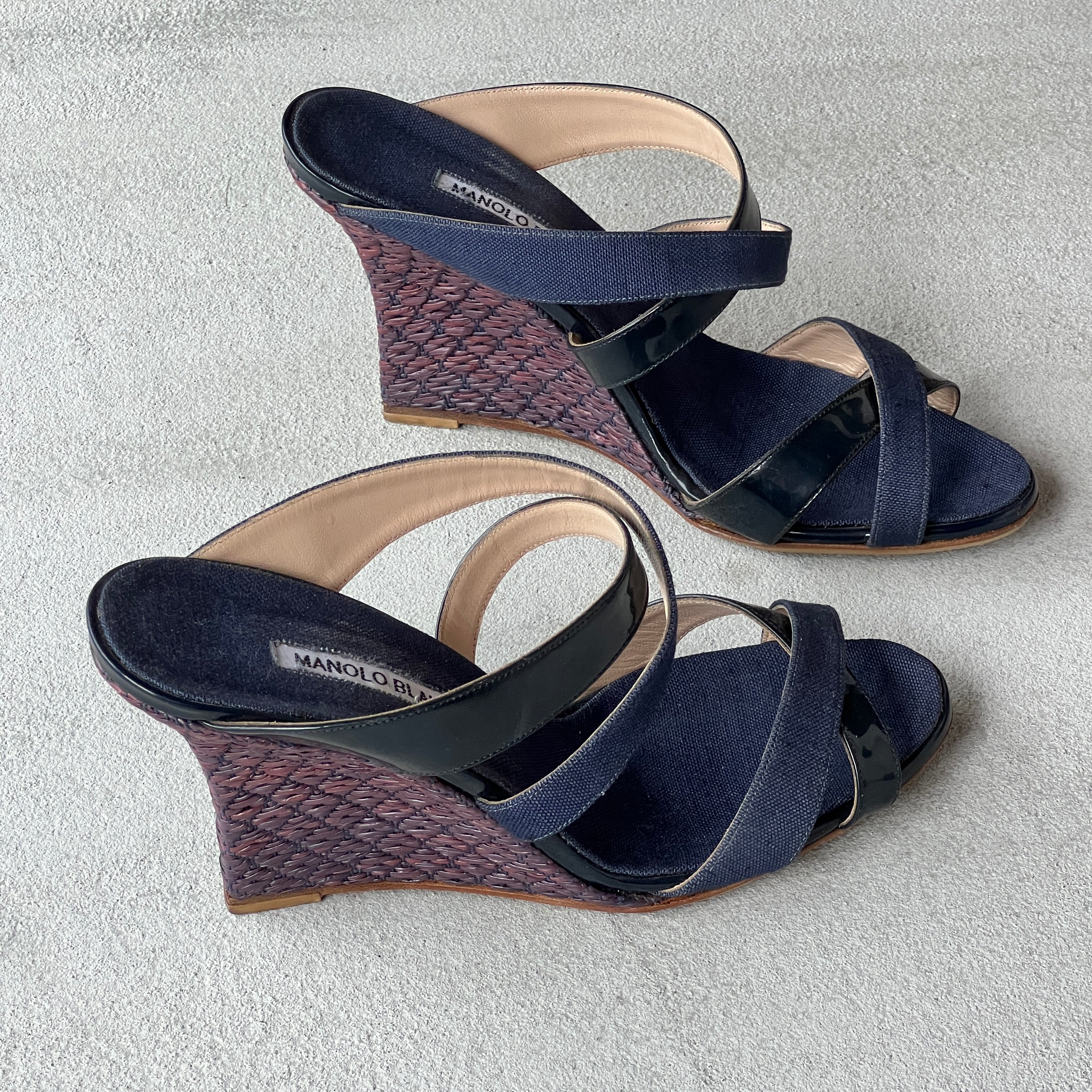 Manolo Blahnik | Varchi Blue Denim Crisscross Wedge Slide Mules (38.5)