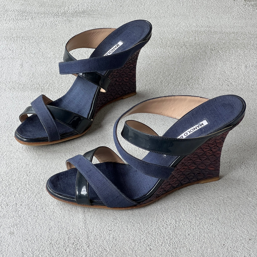 Manolo Blahnik | Varchi Blue Denim Crisscross Wedge Slide Mules (38.5)
