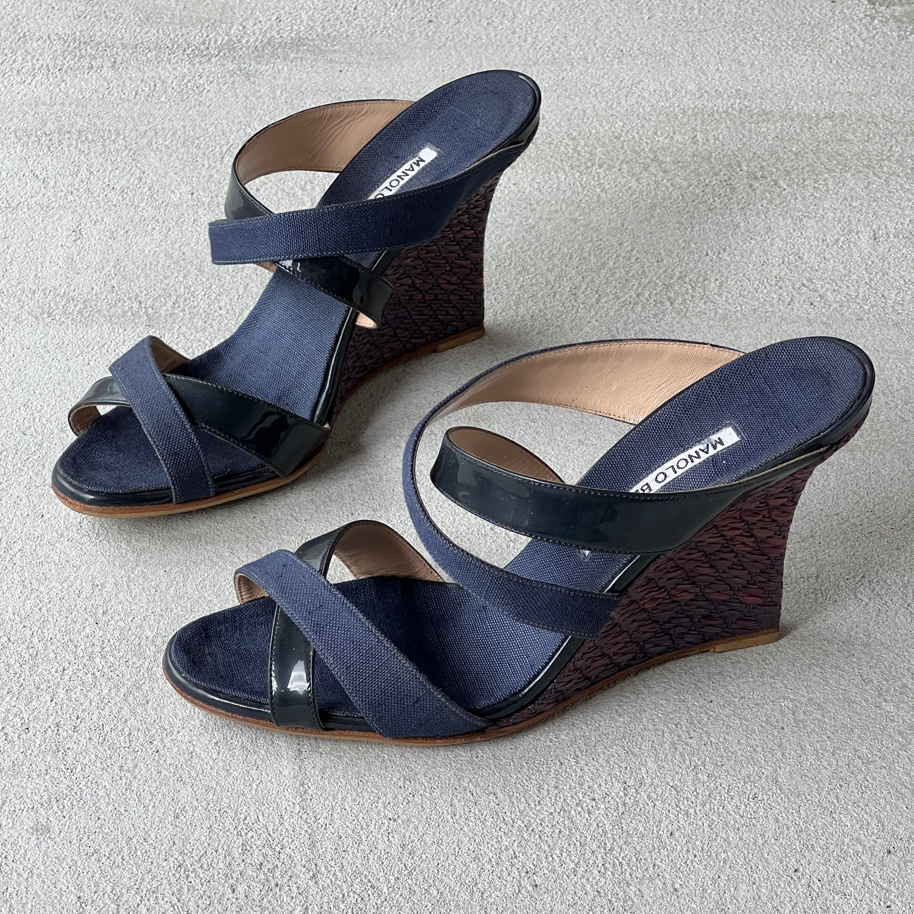 Manolo Blahnik | Varchi Blue Denim Crisscross Wedge Slide Mules (38.5)