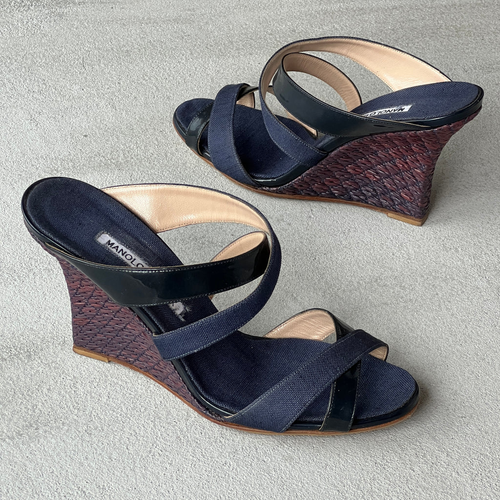 Manolo Blahnik | Varchi Blue Denim Crisscross Wedge Slide Mules (38.5)