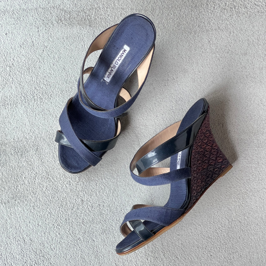 Manolo Blahnik | Varchi Blue Denim Crisscross Wedge Slide Mules (38.5)