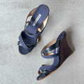 Manolo Blahnik | Varchi Blue Denim Crisscross Wedge Slide Mules (38.5)