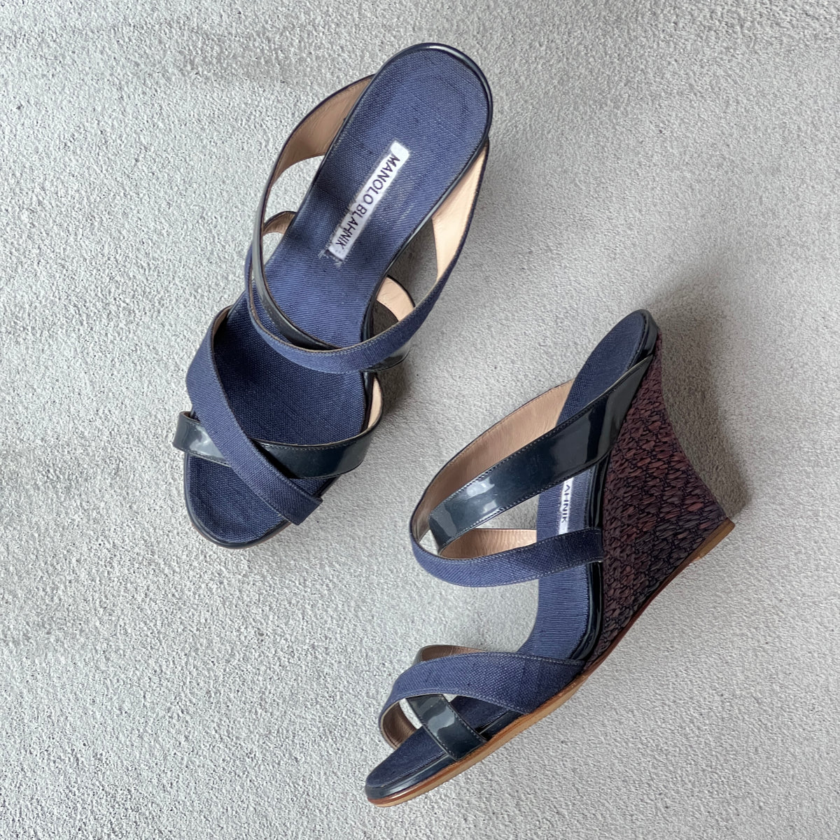 Manolo Blahnik | Varchi Blue Denim Crisscross Wedge Slide Mules (38.5)