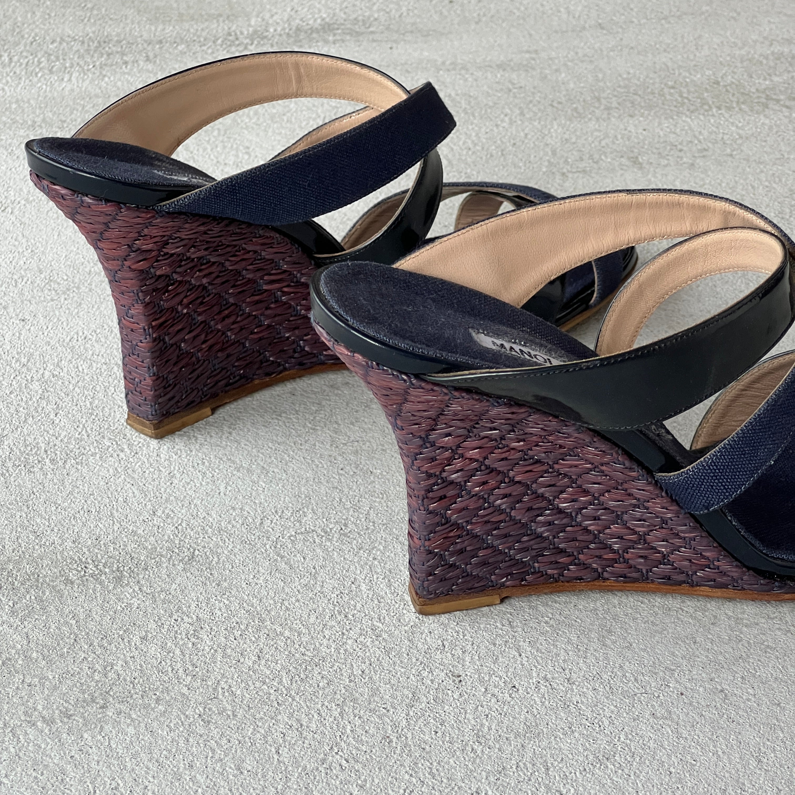Manolo Blahnik | Varchi Blue Denim Crisscross Wedge Slide Mules (38.5)