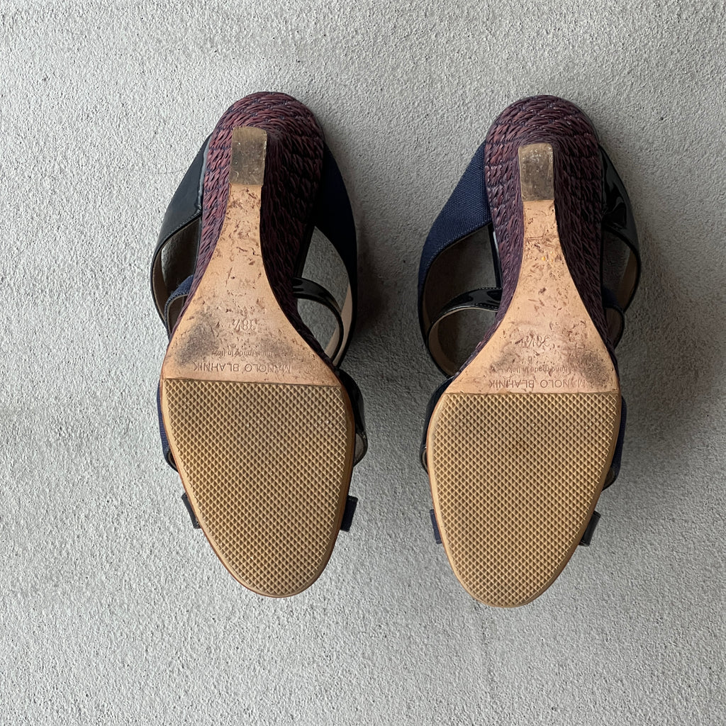 Manolo Blahnik | Varchi Blue Denim Crisscross Wedge Slide Mules (38.5)