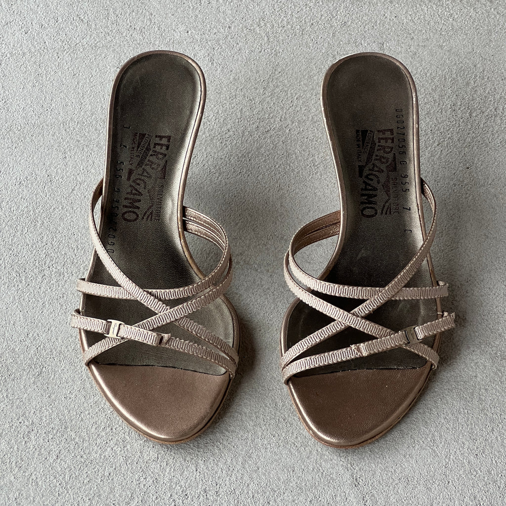 Ferragamo | Silver Ribbon Bow Strappy Slide Mules (7, 37)