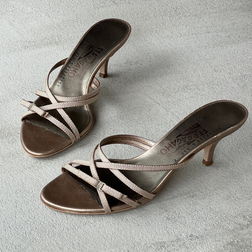 Ferragamo | Silver Ribbon Bow Strappy Slide Mules (7, 37)