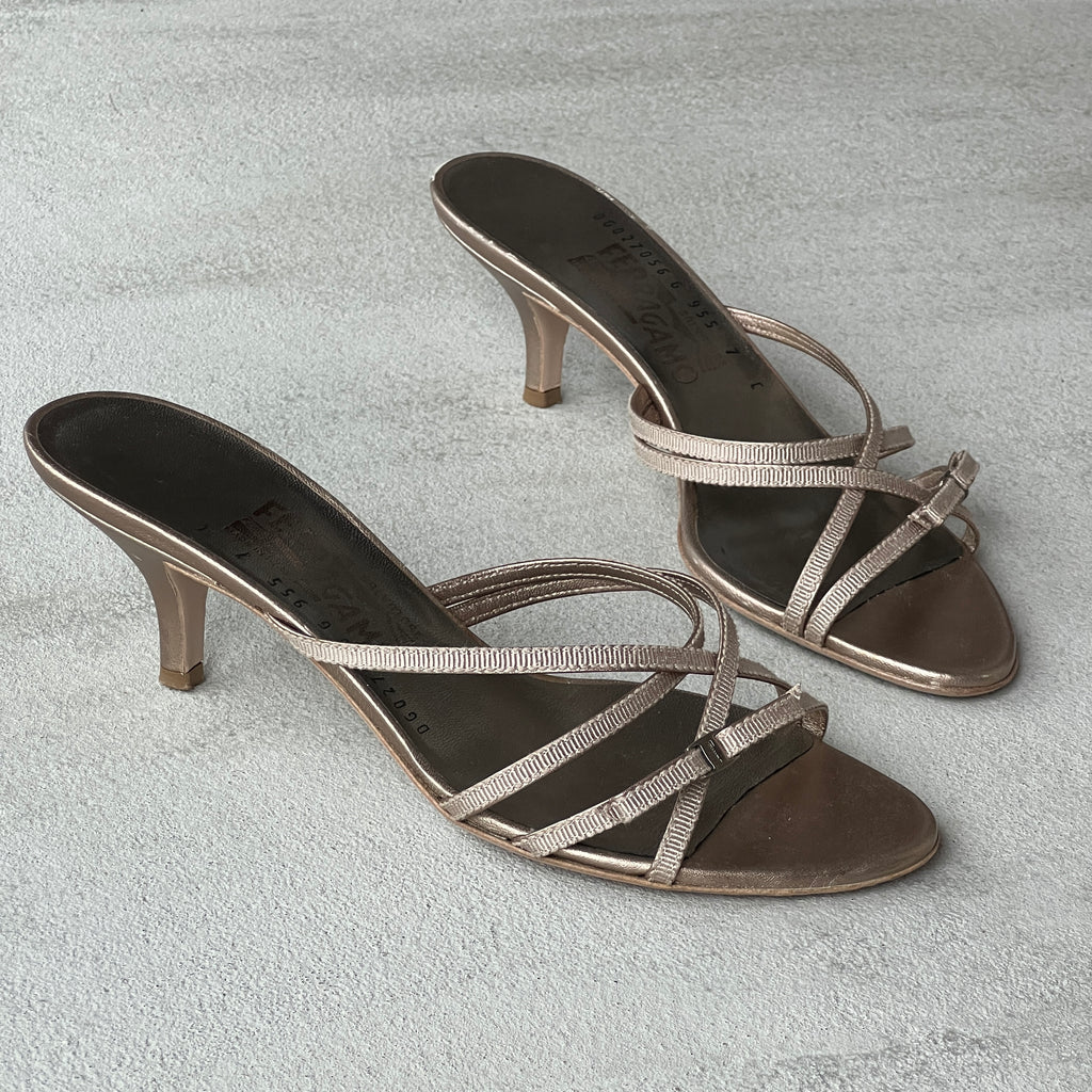 Ferragamo | Silver Ribbon Bow Strappy Slide Mules (7, 37)