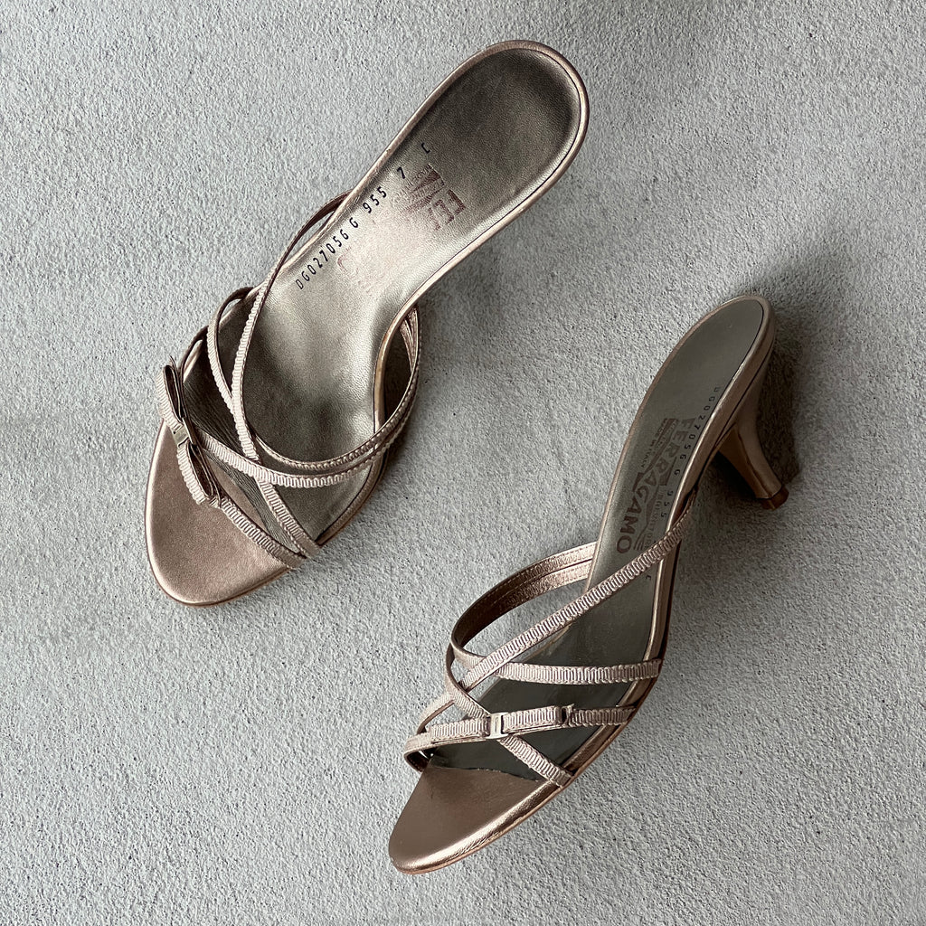 Ferragamo | Silver Ribbon Bow Strappy Slide Mules (7, 37)