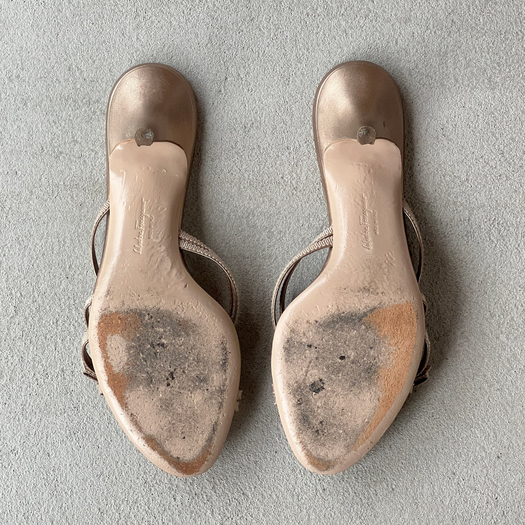 Ferragamo | Silver Ribbon Bow Strappy Slide Mules (7, 37)