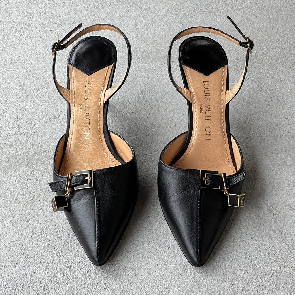 Louis Vuitton | Black Leather Logo Cube Buckle Pointed Toe Slingback Heels (39)