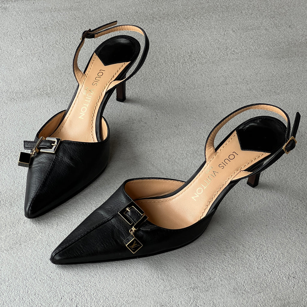 Louis Vuitton | Black Leather Logo Cube Buckle Pointed Toe Slingback Heels (39)