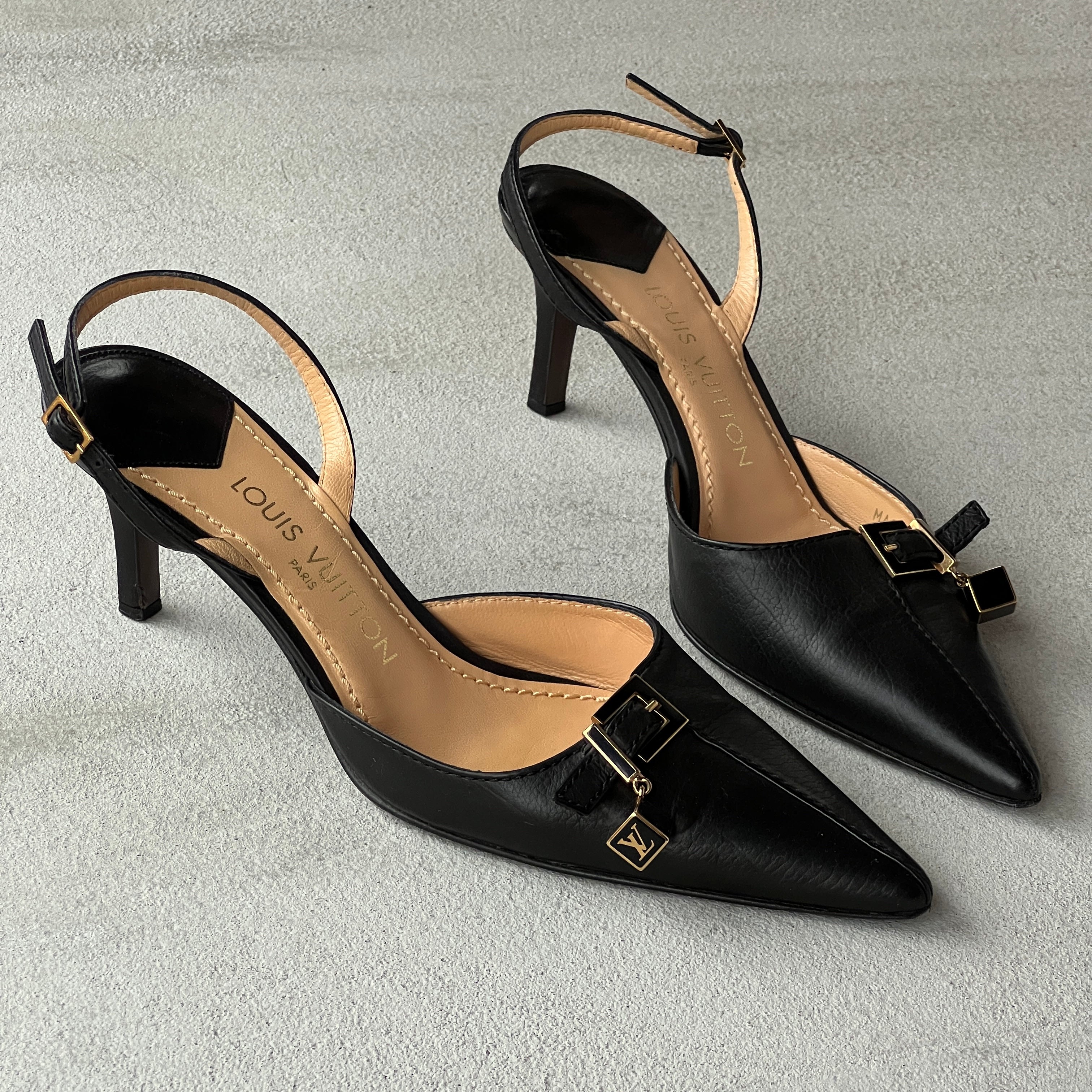 Louis Vuitton | Black Leather Logo Cube Buckle Pointed Toe Slingback Heels (39)