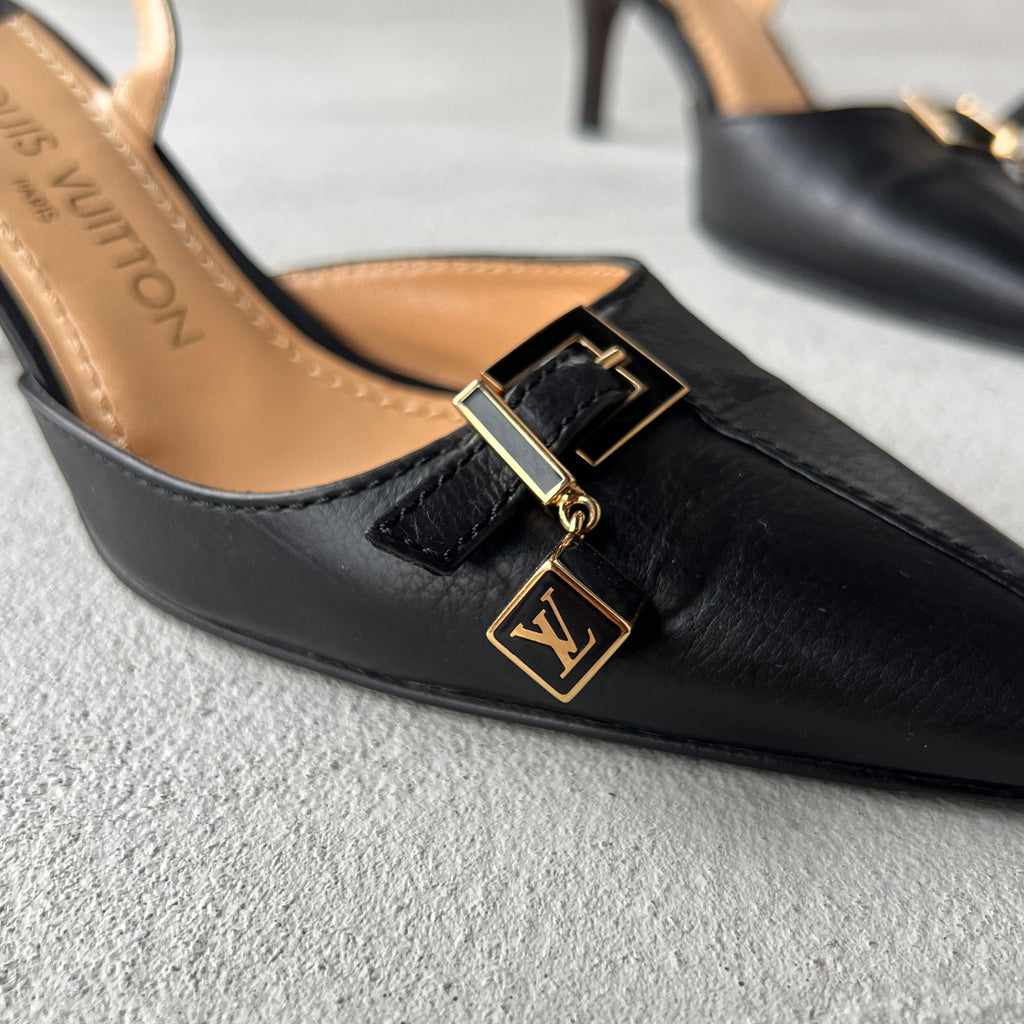 Louis Vuitton | Black Leather Logo Cube Buckle Pointed Toe Slingback Heels (39)