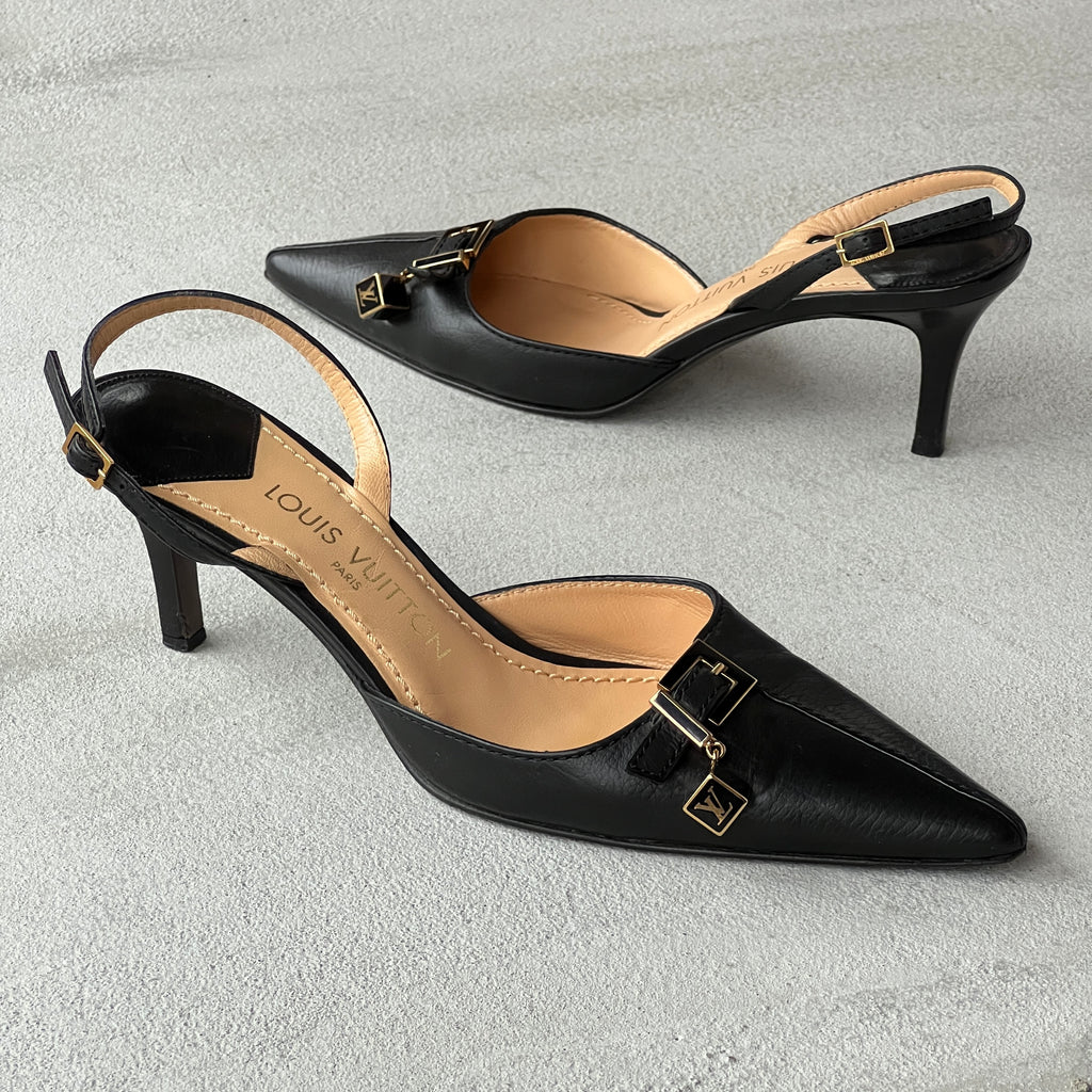 Louis Vuitton | Black Leather Logo Cube Buckle Pointed Toe Slingback Heels (39)