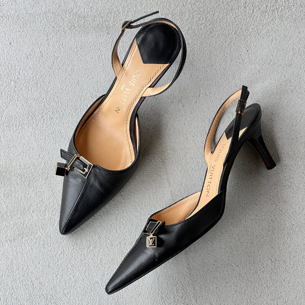 Louis Vuitton | Black Leather Logo Cube Buckle Pointed Toe Slingback Heels (39)