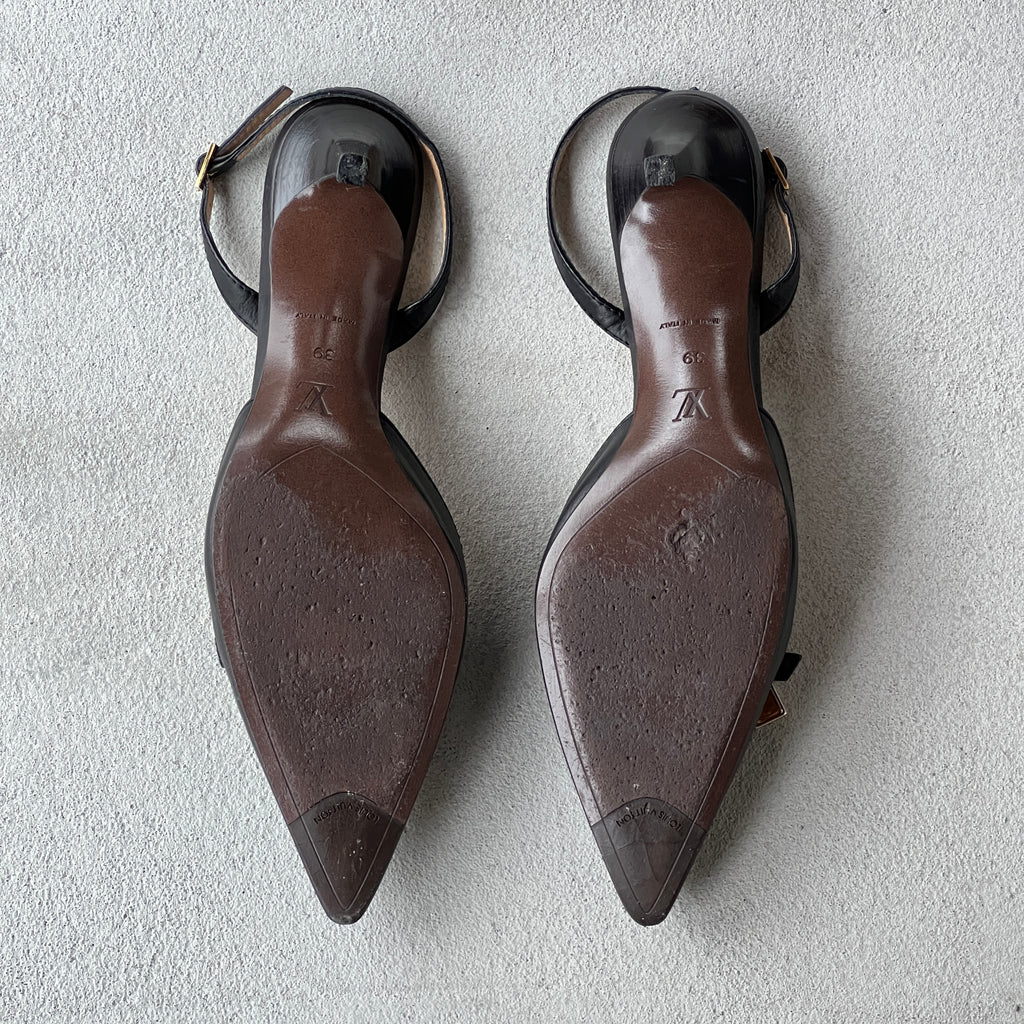Louis Vuitton | Black Leather Logo Cube Buckle Pointed Toe Slingback Heels (39)