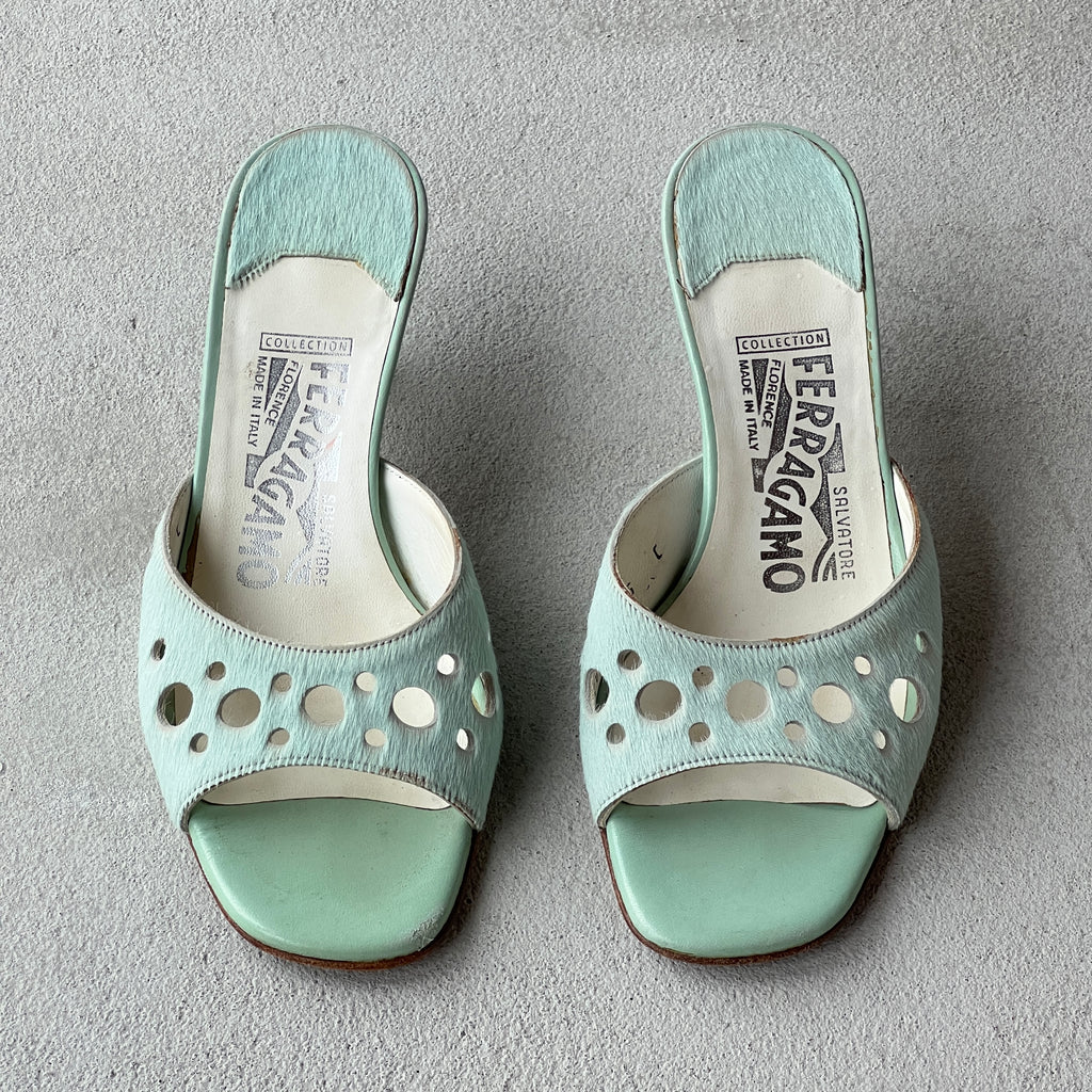 Ferragamo | Vintage Tabla Tiffany Blue Pony Hair Cut-Out Slide Mules (5 , 35)