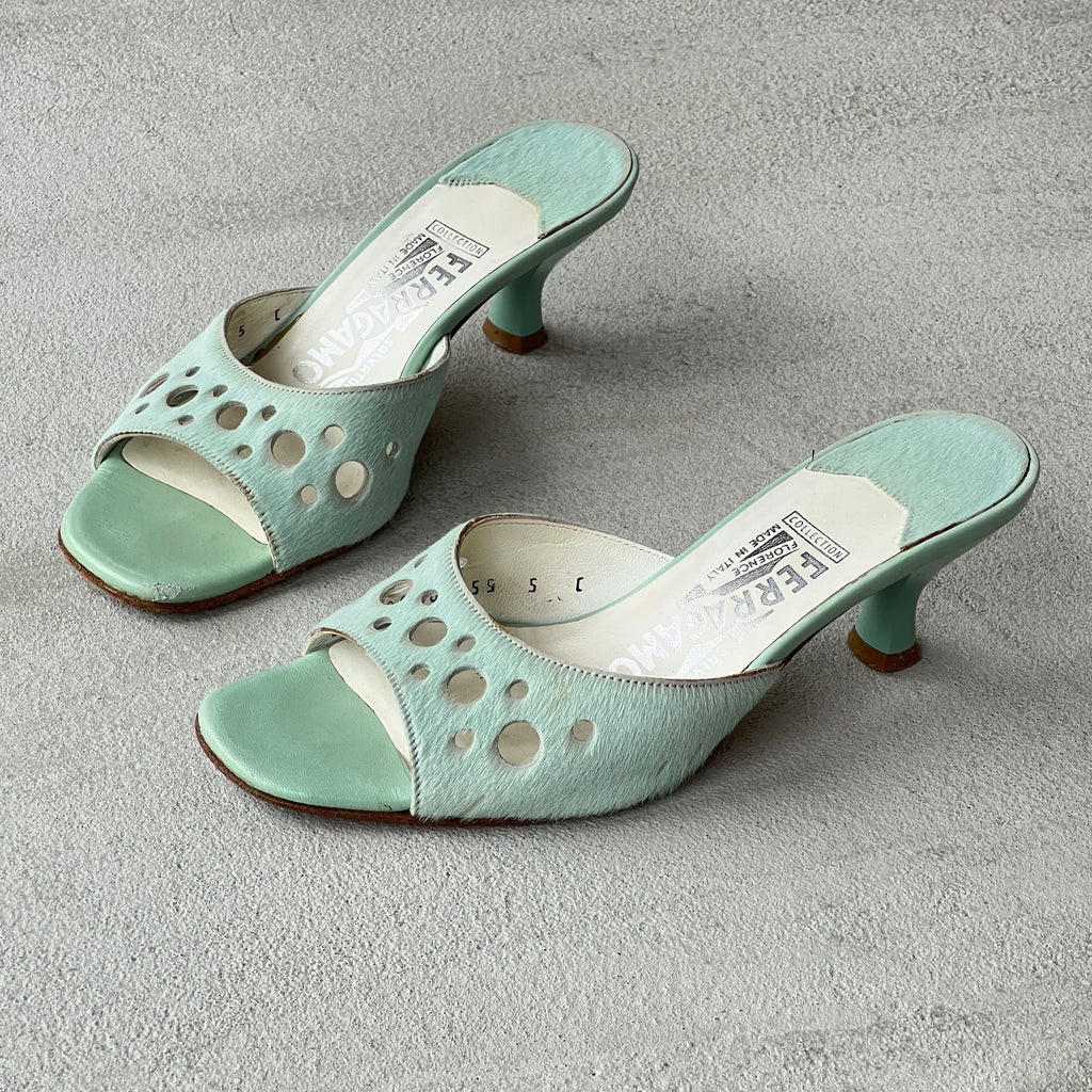 Ferragamo | Vintage Tabla Tiffany Blue Pony Hair Cut-Out Slide Mules (5 , 35)