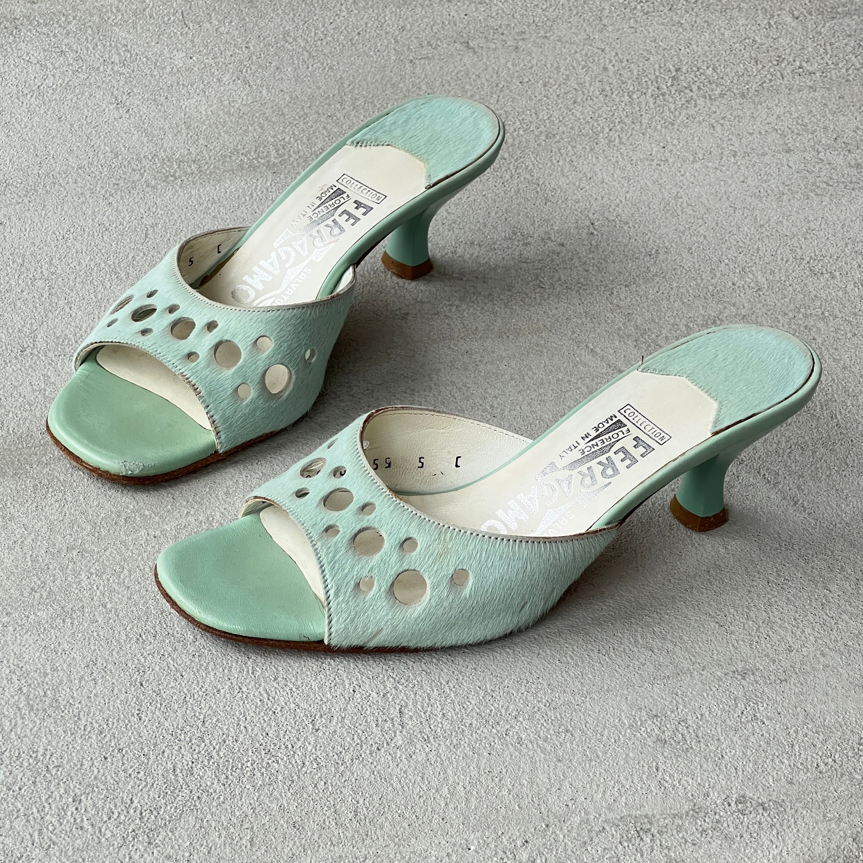 Ferragamo | Vintage Tabla Tiffany Blue Pony Hair Cut-Out Slide Mules (5 , 35)