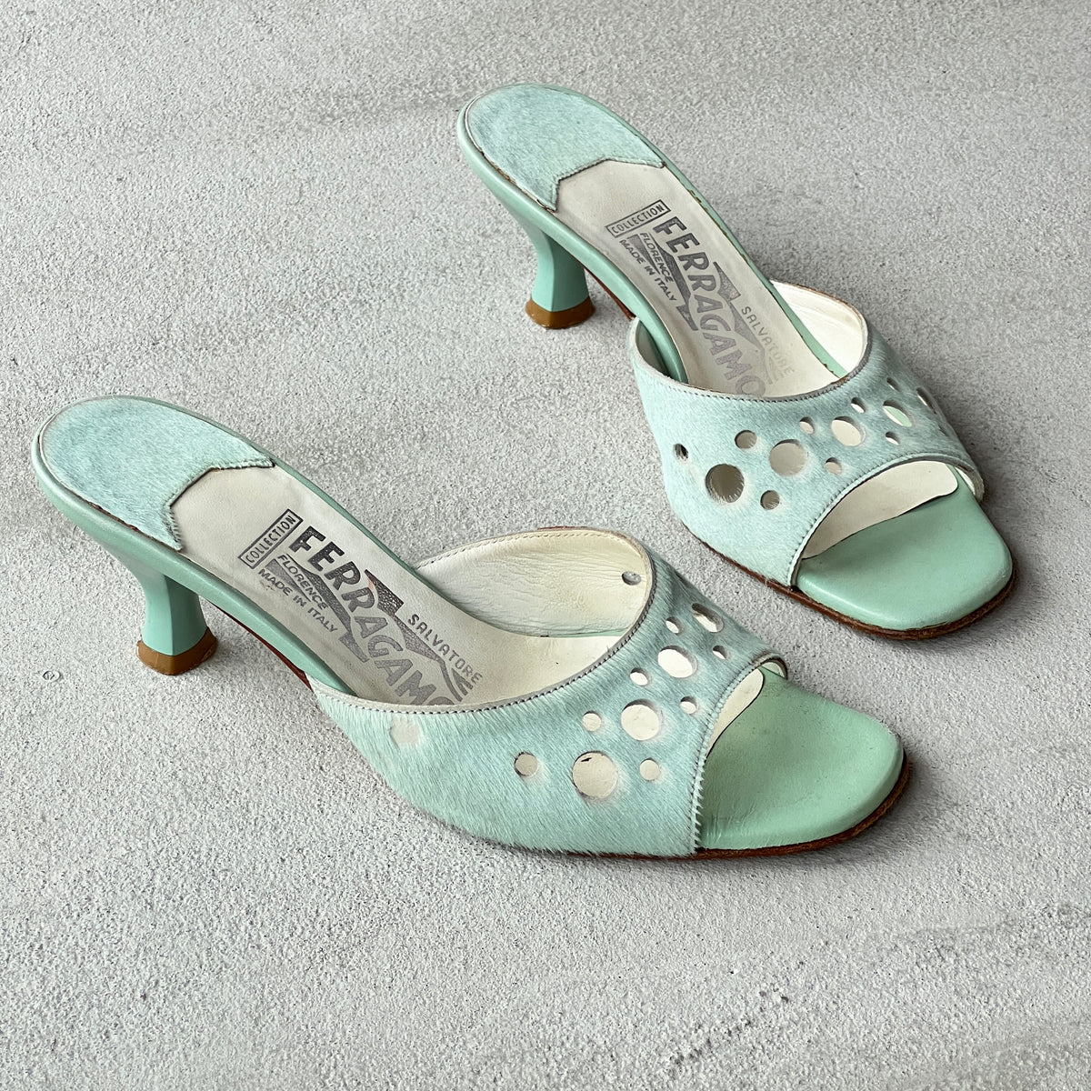 Ferragamo | Vintage Tabla Tiffany Blue Pony Hair Cut-Out Slide Mules (5 , 35)