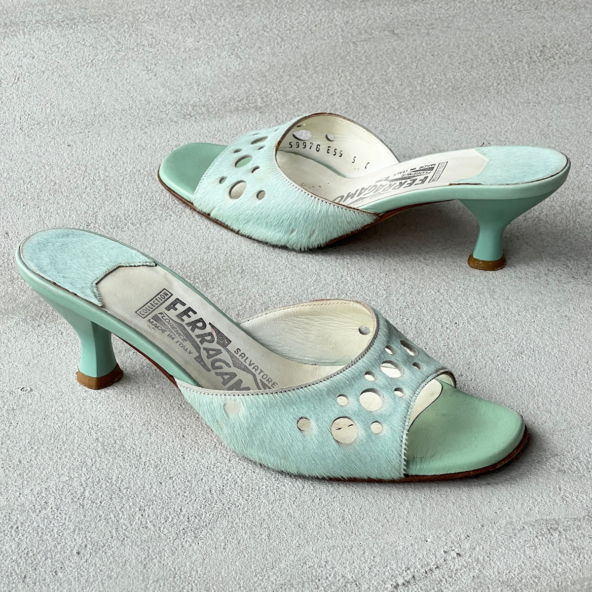 Ferragamo | Vintage Tabla Tiffany Blue Pony Hair Cut-Out Slide Mules (5 , 35)