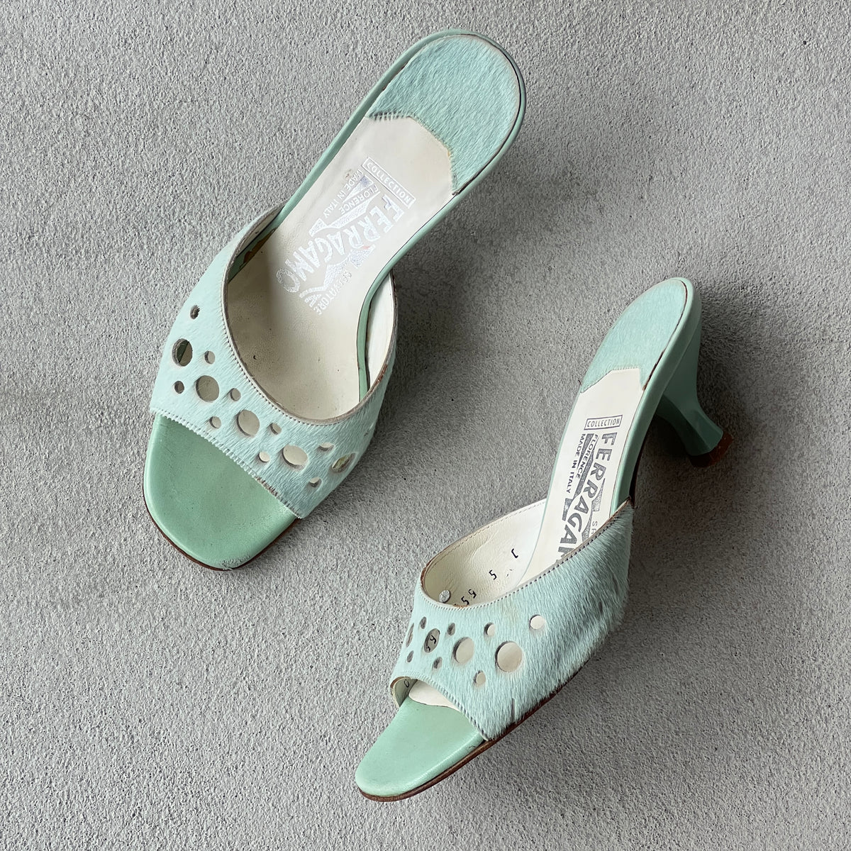 Ferragamo | Vintage Tabla Tiffany Blue Pony Hair Cut-Out Slide Mules (5 , 35)