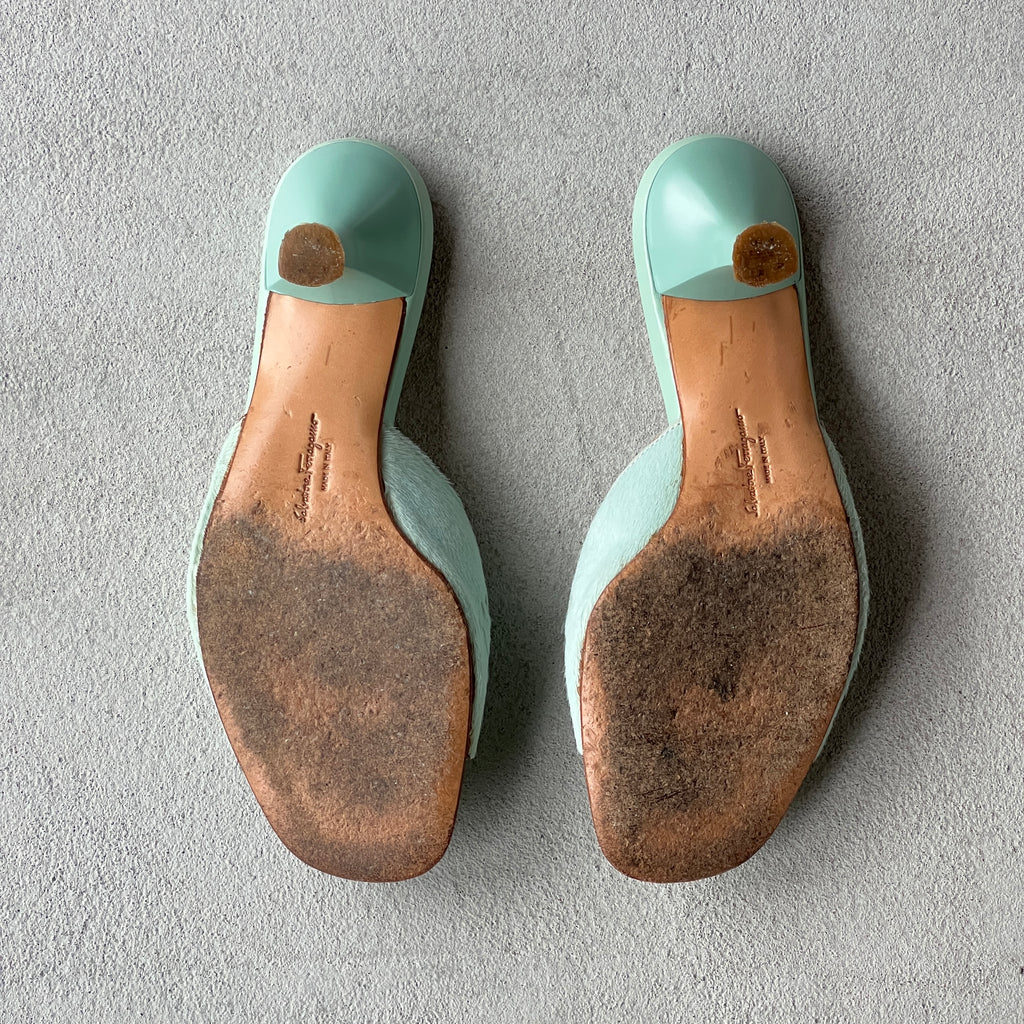 Ferragamo | Vintage Tabla Tiffany Blue Pony Hair Cut-Out Slide Mules (5 , 35)