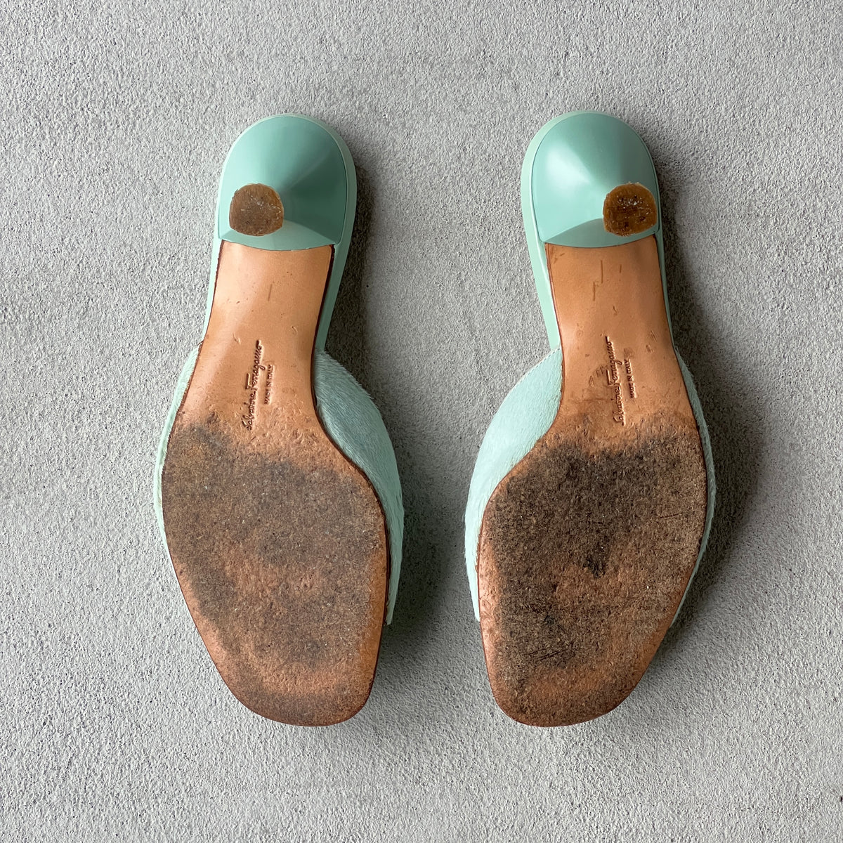Ferragamo | Vintage Tabla Tiffany Blue Pony Hair Cut-Out Slide Mules (5 , 35)