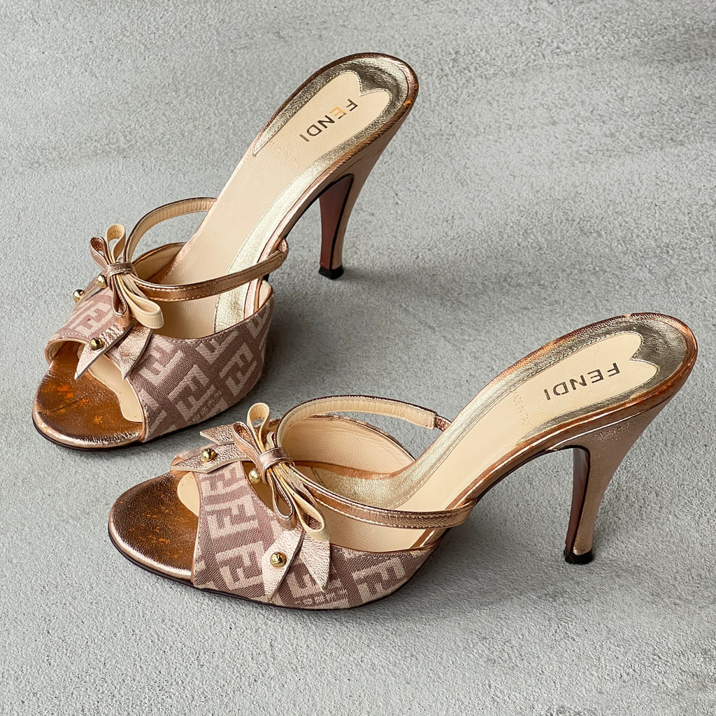 Fendi | Vintage Metallic Rose Gold Zucca Bow Slide Mules Rare (36)