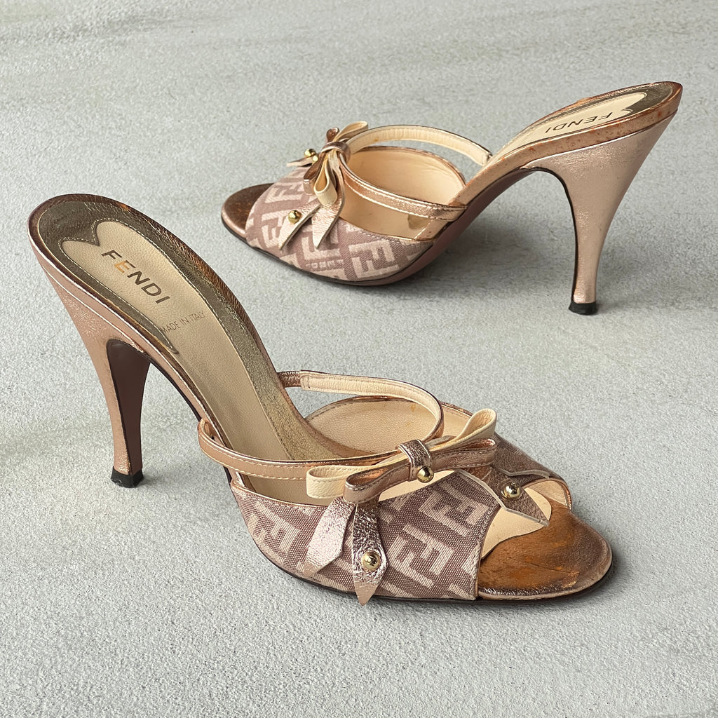 Fendi | Vintage Metallic Rose Gold Zucca Bow Slide Mules Rare (36)