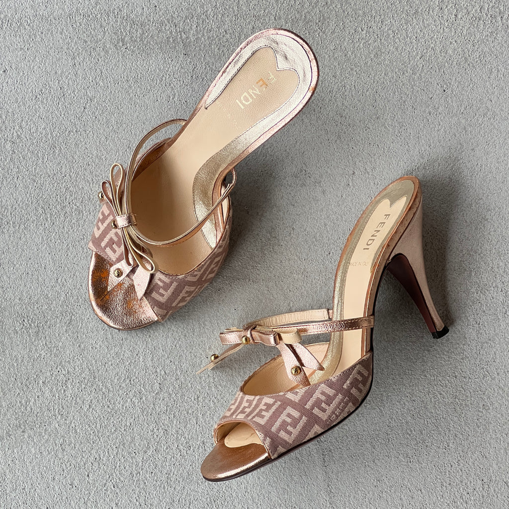 Fendi | Vintage Metallic Rose Gold Zucca Bow Slide Mules Rare (36)